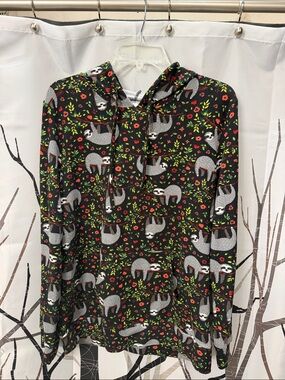 Women's Black Sloth Print Hooded Sweatshirt